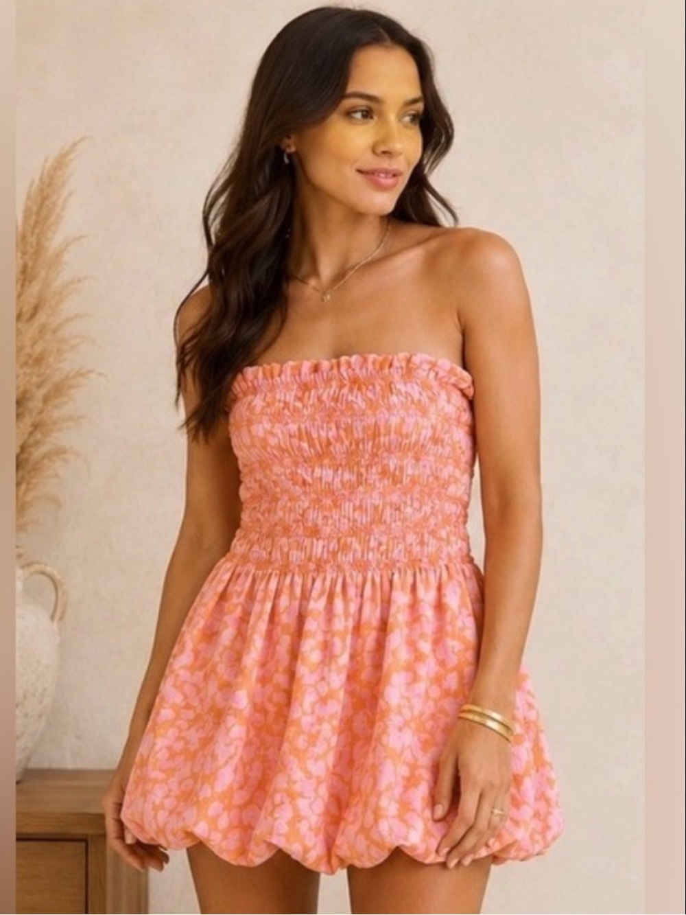 FREE PEOPLE Annalise Strapless Mini Dress Floral Smocked Bubble Hem Size XS NEW
